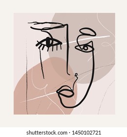 Creative composition with line portrait of a woman on freehand background with shapes 