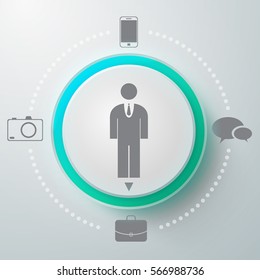 Creative composition with male pictogram inscribed in option selector and different app icons to choose from vector illustration