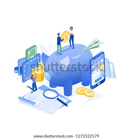 Creative composition with man and woman standing on giant piggy bank and holding coin, wallet, paper plane, smartphone. Money saving and personal finance depositing. Isometric vector illustration.