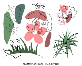 Creative composition with one line woman portrait, floral elements, doodle geometric shapes.  