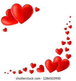 Creative composition with red hearts isolated on white. Love concept. Flat lay style, top view. Place for text.