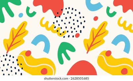 Creative composition of stylized leaves, organic curves, and dots in bold vibrant tones. Perfect for editorial, print, or childrens themes.