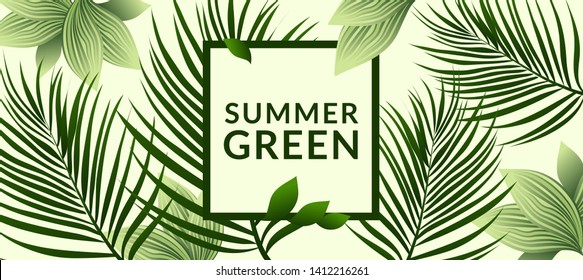 Creative composition with tropical plants. Fresh summer greens for decoration.