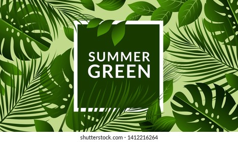 Creative composition with tropical plants. Fresh summer greens for decoration.