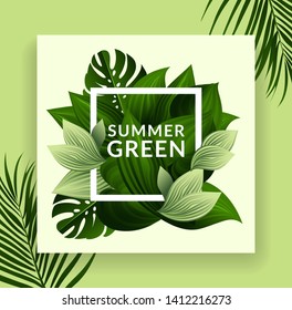 Creative composition with tropical plants. Fresh summer greens for decoration.