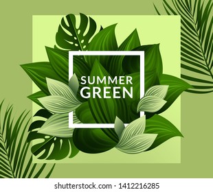 Creative composition with tropical plants. Fresh summer greens for decoration.