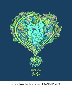Creative composition with Zen tagle heart in vintage style in blue green pink  on dark for Post card of  Valentines Day or for invitation or for label flyer template 