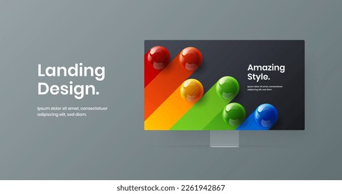 Creative computer display mockup landing page layout. Bright web project design vector concept.