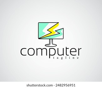 creative computer with flash fragments on it with a line logo design concept