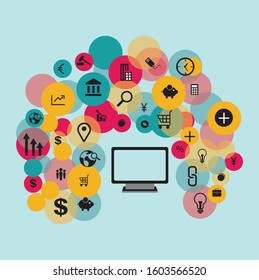Creative computer with mobile phones of colorful application icon, Business software and social media networking 