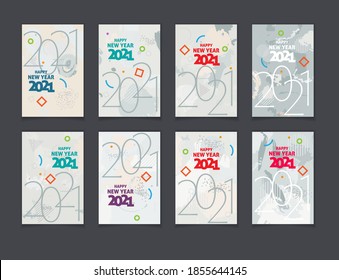 Creative concept of 2021 abstract happy new year design set of 8 vintage abstract graphic templates. Vector posters in minimal Memphis style for design projects
