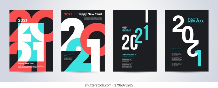Creative concept of 2021 Happy New Year posters set. Design templates with typography logo 2021 for celebration and season decoration. Minimalistic trendy backgrounds for branding, banner, cover, card