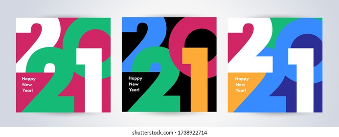 Creative concept of 2021 Happy New Year posters set. Design templates with typography logo 2021 for celebration and season decoration. Minimalistic trendy backgrounds for branding, banner, cover, card