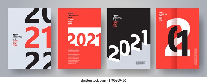 Creative concept of 2021 Happy New Year posters set. Design templates with typography logo 2021 for celebration and season decoration. Minimalistic trendy backgrounds for branding, banner, cover, card