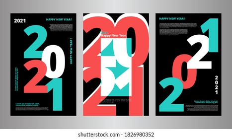 Concepto creativo de los afiches de Año Nuevo Feliz 2021. Diseñar plantillas con el logotipo tipográfico 2021 para la celebración y la decoración de temporada. Fondos de moda minimalistas para marca, banner, portada, etc.