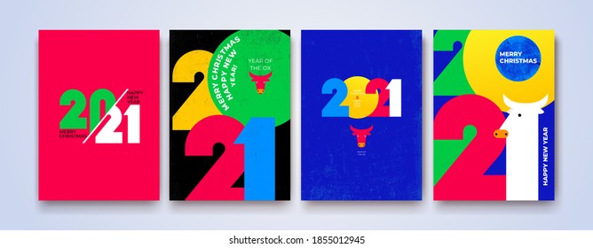 Creative concept of 2021 Happy New Year posters. Set of Design 2021 templates with typography logo for celebration and season decoration. Vector minimalistic trendy for branding, banner, cover, card.