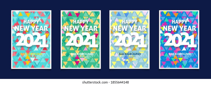 Creative concept of 2021 Happy New Year posters set. Design templates inscription for 2021 for celebration and season decoration. Minimalistic triangle pattern  backgrounds  for branding, banner, card