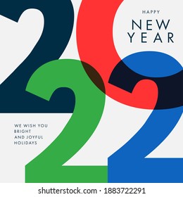 Concepto creativo del Año Nuevo Feliz 2022. Plantilla de diseño con el logotipo tipográfico 2022 para celebración y decoración de temporada. Fondo de moda minimalista para marca, banner, portada, calendario, tarjeta