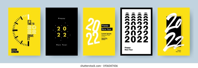 Creative concept of 2022 Happy New Year posters set. Design templates with typography logo 2022 for celebration and season decoration. Minimalistic trendy backgrounds for branding, banner, cover, card