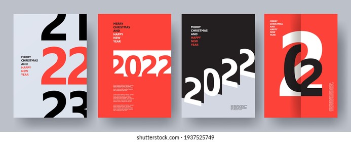 Creative concept of 2022 Happy New Year posters set. Design templates with typography logo 2022 for celebration and season decoration. Minimalistic trendy backgrounds for branding, banner, cover, card