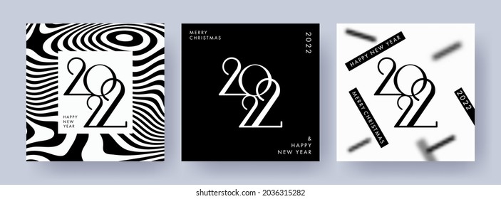 Creative concept of 2022 Happy New Year posters set. Design templates with typography logo 2022 for celebration and season decoration. Minimalistic trendy backgrounds for branding, banner, cover, card