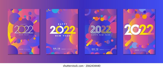 Creative concept of 2022 Happy New Year posters set. Set of elegant cover background with colored geometric shape and colorful logo 2022. Vector Illustration for branding, banner, calendar cover, card