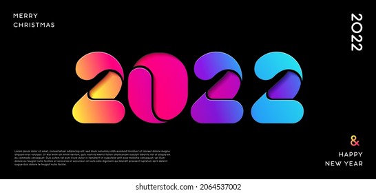 Creative concept of 2022 Happy New Year design template with bright logo 2022 in paper cut style for celebration and season decoration. Minimalistic trendy background for branding, banner, cover, card