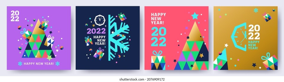 Concepto creativo de los afiches de Año Nuevo Feliz 2022. Diseñar plantillas con el logotipo tipográfico 2022 para la celebración y la decoración de temporada. Fondos de moda minimalistas para marca, banner, portada, tarjeta