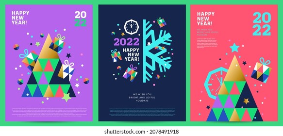 Creative concept of 2022 Happy New Year posters set. Modern design in geometric style with triangle pattern, Christmas tree, gifts, snowflakes, confetti on violet, coral red and dark blue background