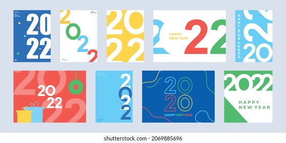 Creative concept of 2022. Modern minimalistic abstract poster, cover, background. Happy new year poster set. Modern design with typography for decoration and celebration Christmas.