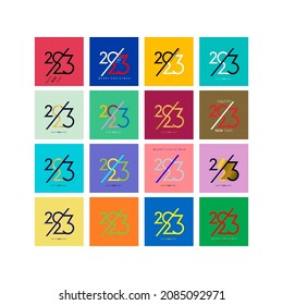Creative concept of 2023 Happy New Year. Vector design templates with typography logo 2023 for celebration and season decoration. Minimalist trendy color backgrounds for banner, cover, card, poster.