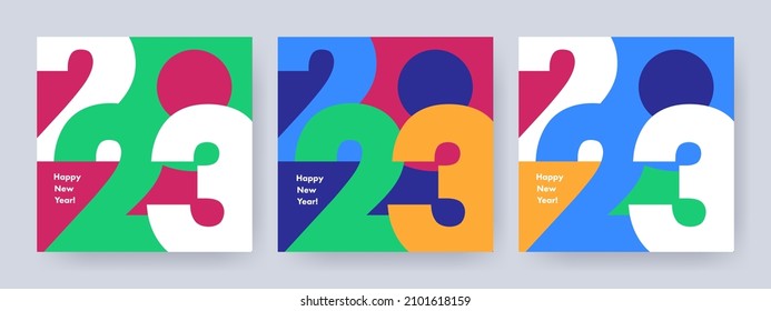 Creative concept of 2023 Happy New Year posters set. Design templates with typography logo 2023 for celebration and season decoration. Minimalistic trendy backgrounds for branding, banner, cover, card