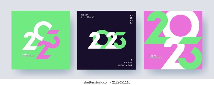 Creative concept of 2023 Happy New Year posters set. Design templates with typography logo 2023 for celebration and season decoration. Minimalistic trendy backgrounds for branding, banner, cover, card