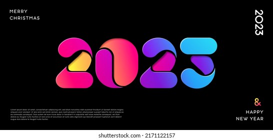 Creative concept of 2023 Happy New Year design template with bright logo 2023 in paper cut style for celebration and season decoration. Minimalistic trendy background for branding, banner, cover, card