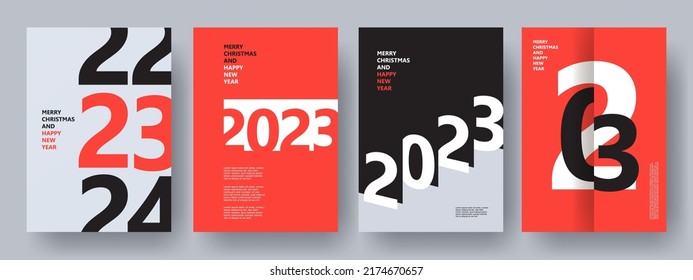 Creative concept of 2023 Happy New Year posters set. Design templates with typography logo 2023 for celebration and season decoration. Minimalistic trendy backgrounds for branding, banner, cover, card