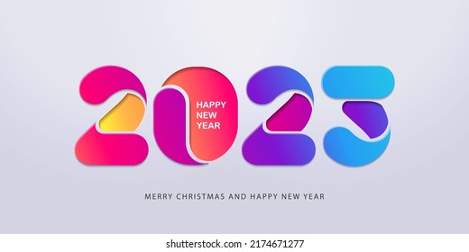 Creative Concept Of 2023 Happy New Year Design Template With Bright Logo 2023 In Paper Cut Style For Celebration And Season Decoration. Minimalistic Trendy Background For Branding, Banner, Cover, Card