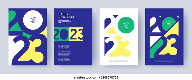 Creative concept of 2023 Happy New Year posters set. Design templates with typography logo 2023 for celebration and season decoration. Minimalistic trendy backgrounds for branding, banner, cover, card