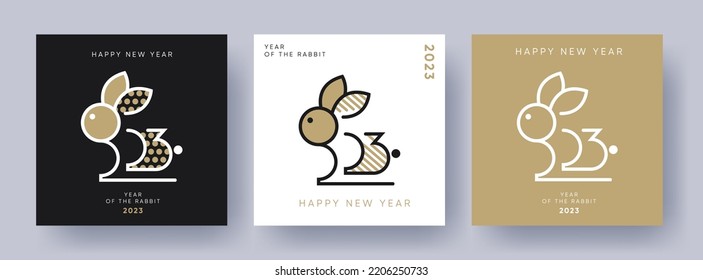 Creative concept of 2023 Happy New Year posters set. Modern design with typography 2023 in the form of rabbit  for celebration and season decoration.Template for branding, banner, card. Year of Rabbit