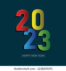 Creative concept of 2023 Happy New Year design template with bright logo 2023 in paper cut style for celebration and season decoration. Minimalistic trendy background for branding, banner--