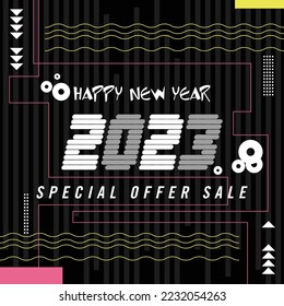 Creative concept of 2023 Happy New Year posters set. Design templates with typography logo 2022 for celebration and season decoration. Minimalistic trendy backgrounds for branding, banner, cover, card