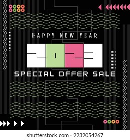 Concepto creativo de los afiches de Año Nuevo Feliz 2023. Diseñar plantillas con el logotipo tipográfico 2022 para la celebración y la decoración de temporada. Fondos de moda minimalistas para marca, banner, portada, tarjeta