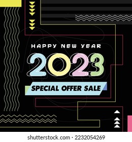 Concepto creativo de los afiches de Año Nuevo Feliz 2023. Diseñar plantillas con el logotipo tipográfico 2022 para la celebración y la decoración de temporada. Fondos de moda minimalistas para marca, banner, portada, tarjeta
