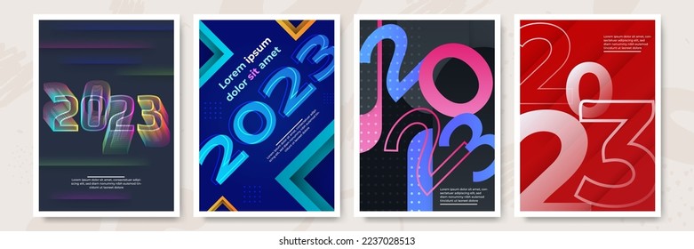 Creative concept of 2023 Happy New Year posters set. Design templates with typography logo 2023 for celebration and season decoration. Minimalistic trendy backgrounds for branding, banner, cover, card
