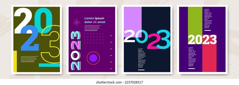 Creative concept of 2023 Happy New Year posters set. Design templates with typography logo 2023 for celebration and season decoration. Minimalistic trendy backgrounds for branding, banner, cover, card