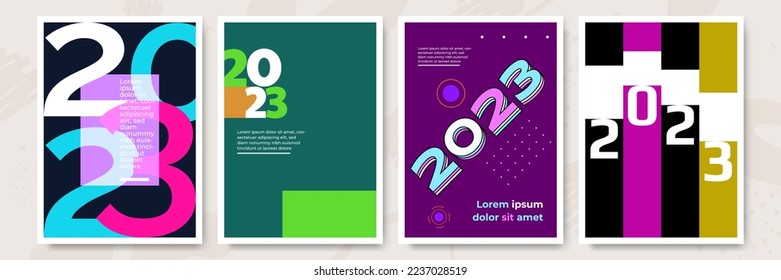 Concepto creativo de los afiches de Año Nuevo Feliz 2023. Diseñar plantillas con el logotipo tipográfico 2023 para la celebración y la decoración de temporada. Fondos de moda minimalistas para marca, banner, portada, tarjeta