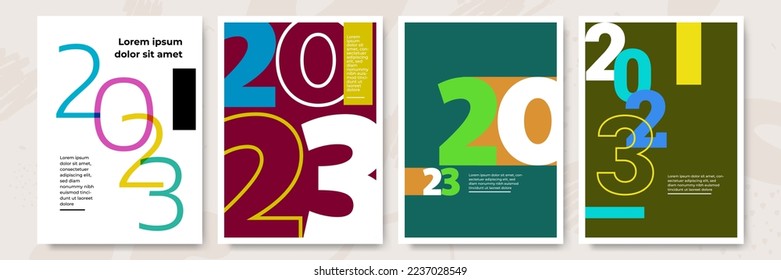 Creative concept of 2023 Happy New Year posters set. Design templates with typography logo 2023 for celebration and season decoration. Minimalistic trendy backgrounds for branding, banner, cover, card