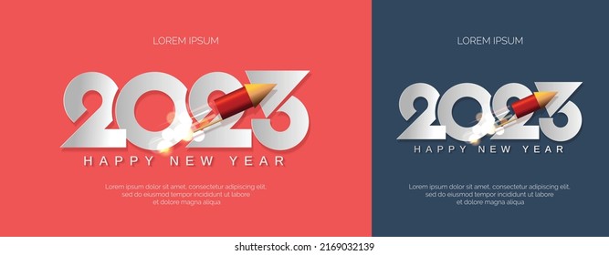 Creative concept of 2023 new year. Happy new year 2023 celebration with firework rocket design concept for banner, template, flyer and greeting card