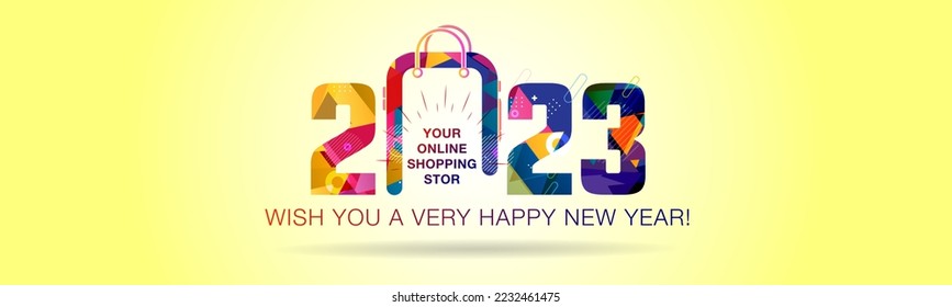 Creative concept for 2023 New Year. Online business, retail stores and shopping concept. 2023 Happy New Year text with mobile and shopping bag symbol trendy banner, logo and template design.