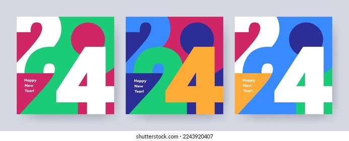 Creative concept of 2024 Happy New Year posters set. Design templates with typography logo 2024 for celebration and season decoration. Minimalistic trendy backgrounds for branding, banner, cover, card