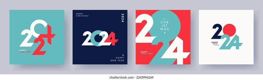 Creative concept of 2024 Happy New Year posters set. Design templates with typography logo 2024 for celebration and season decoration. Minimalistic trendy backgrounds for branding, banner, cover, card